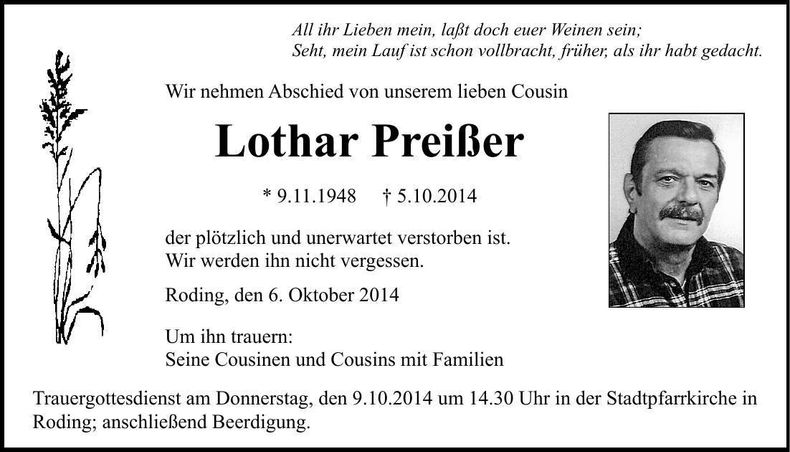 Traueranzeige Lothar Preißer