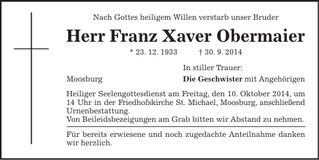 Traueranzeige Franz Xaver Obermaier
