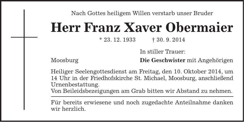 Traueranzeige Franz Xaver Obermaier