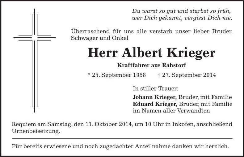 Traueranzeige Eduard Krieger