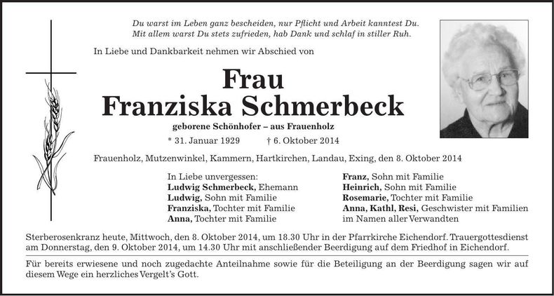 Traueranzeige Franziska Schmerbeck
