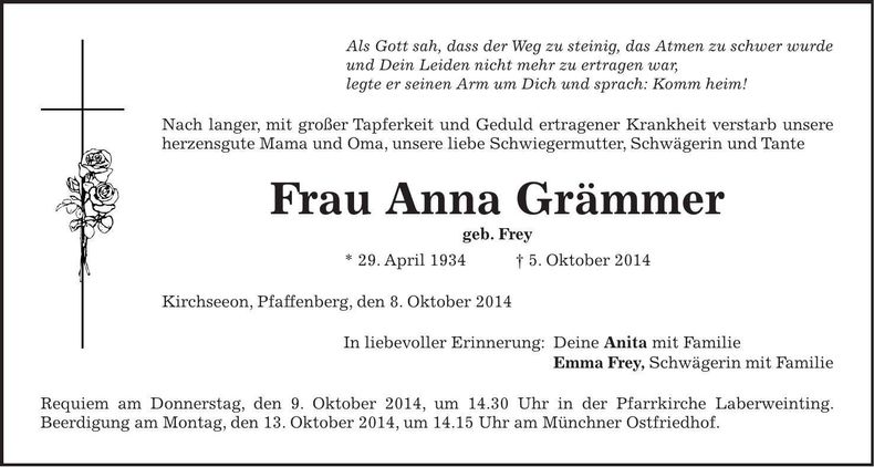 Traueranzeige Anna Grämmer
