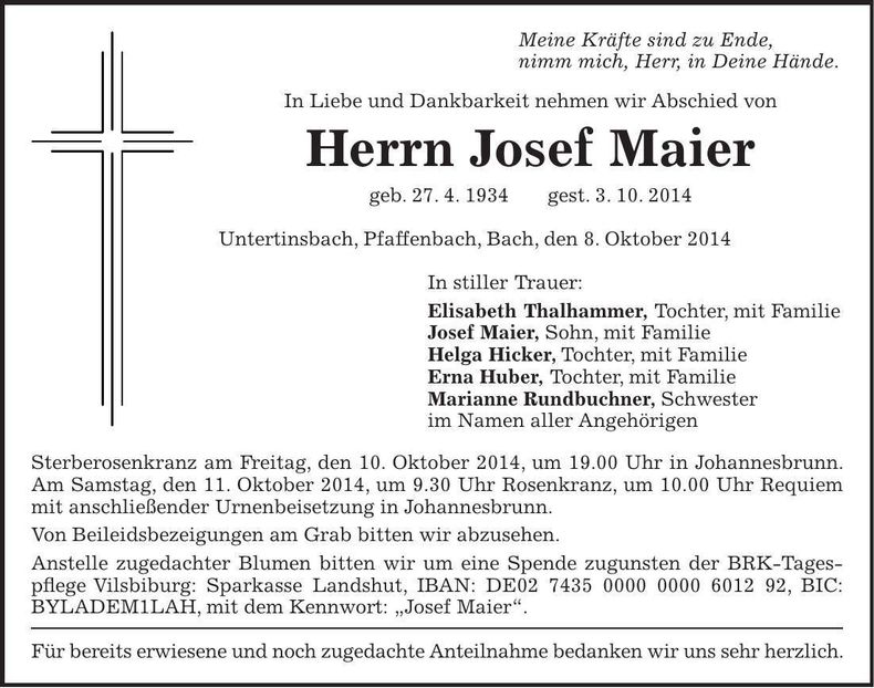 Traueranzeige Josef Maier