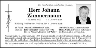 Traueranzeige Johann Zimmermann