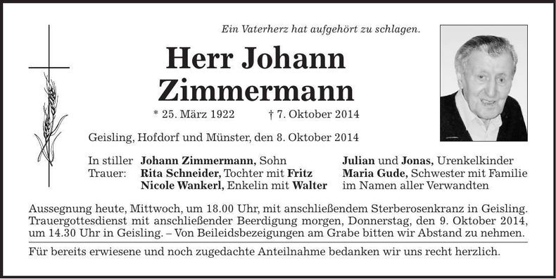 Traueranzeige Johann Zimmermann