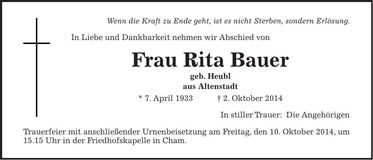 Traueranzeige Rita Bauer