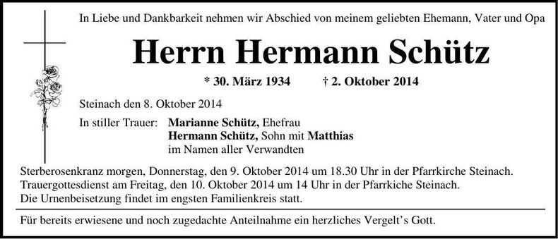 Traueranzeige Hermann Schütz