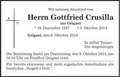Traueranzeige Gottfried Crusilla