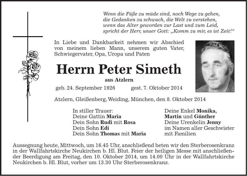 Traueranzeige Peter Simeth