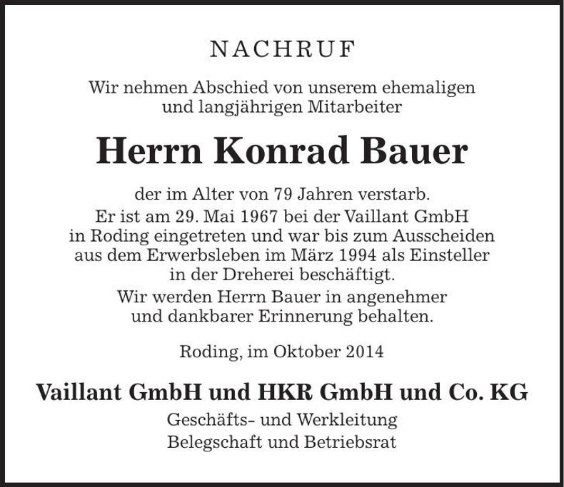 Traueranzeige Konrad Bauer