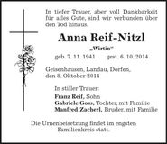 Traueranzeige Anna Reif-Nitzl