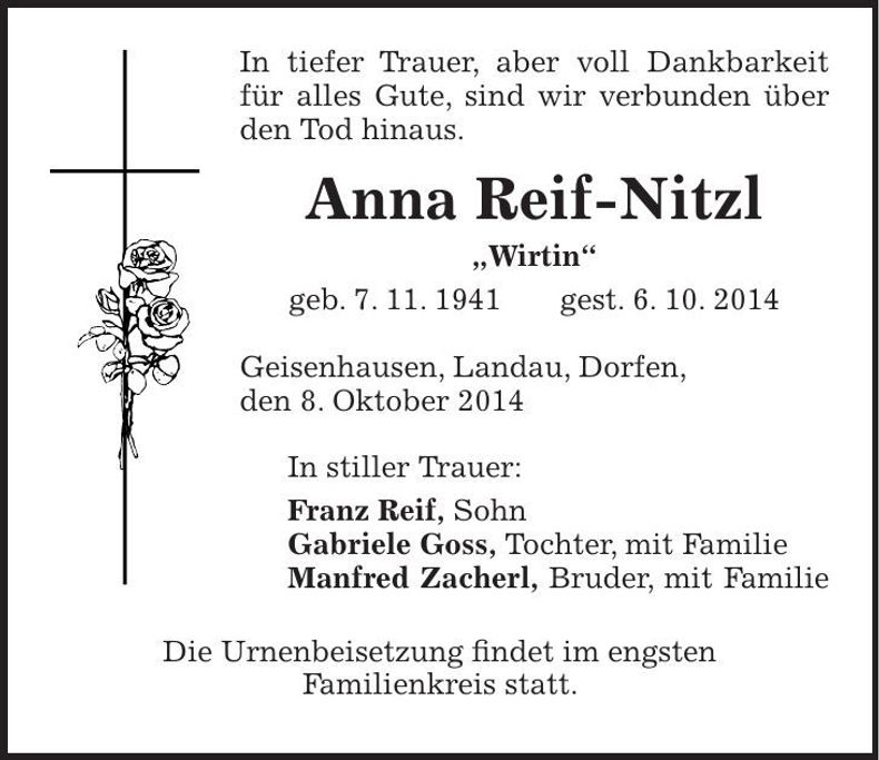 Traueranzeige Anna Reif-Nitzl