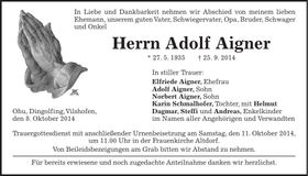 Traueranzeige Adolf Aigner