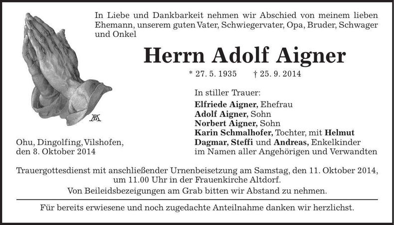 Traueranzeige Adolf Aigner