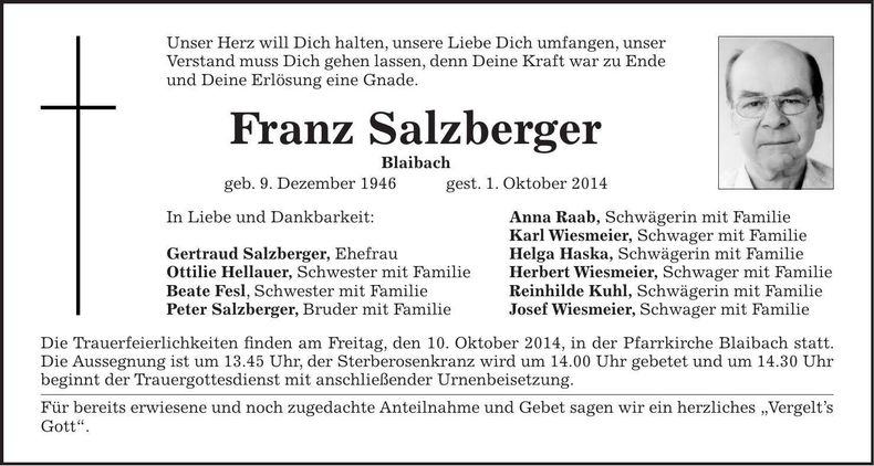 Traueranzeige Franz Salzberger