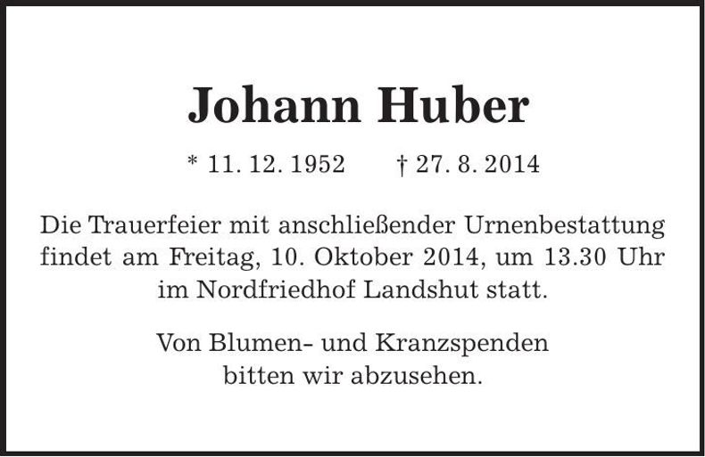 Traueranzeige Johann Huber