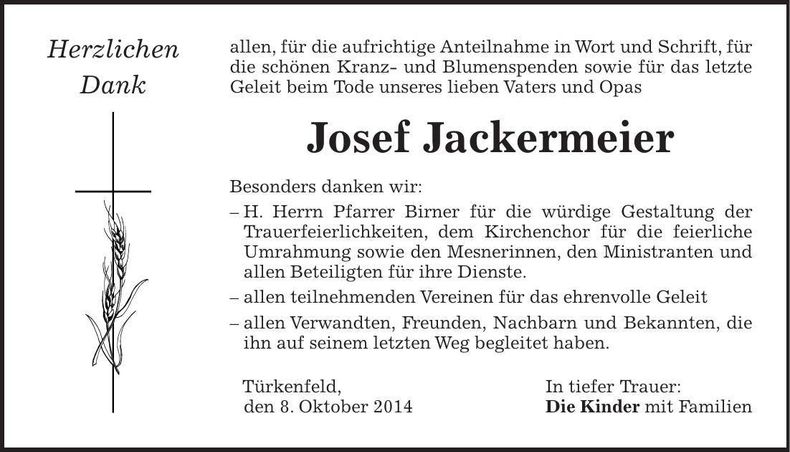 Traueranzeige Josef Jackermeier