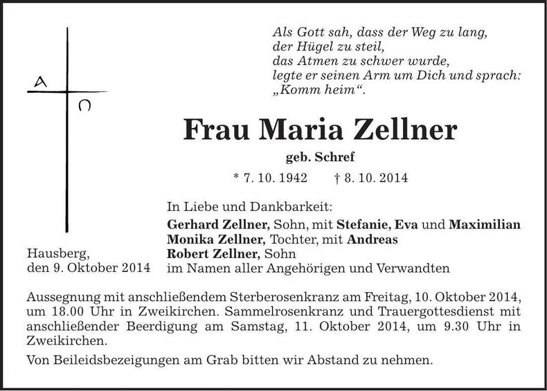 Traueranzeige Maria Zellner