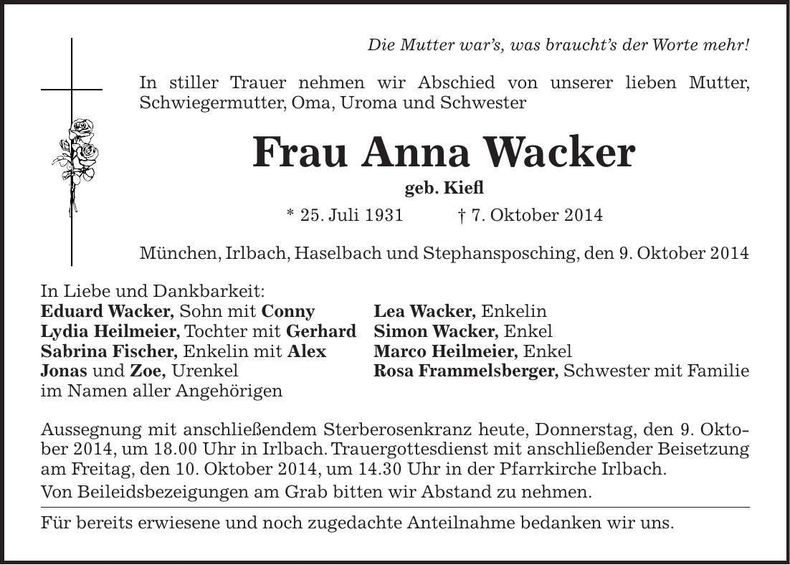 Traueranzeige Anna Wacker