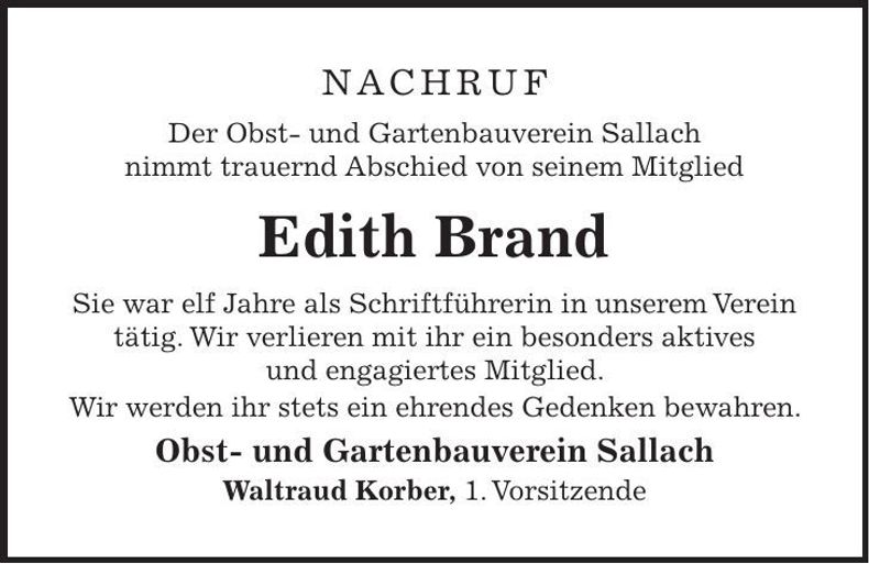 Traueranzeige Edith Brand