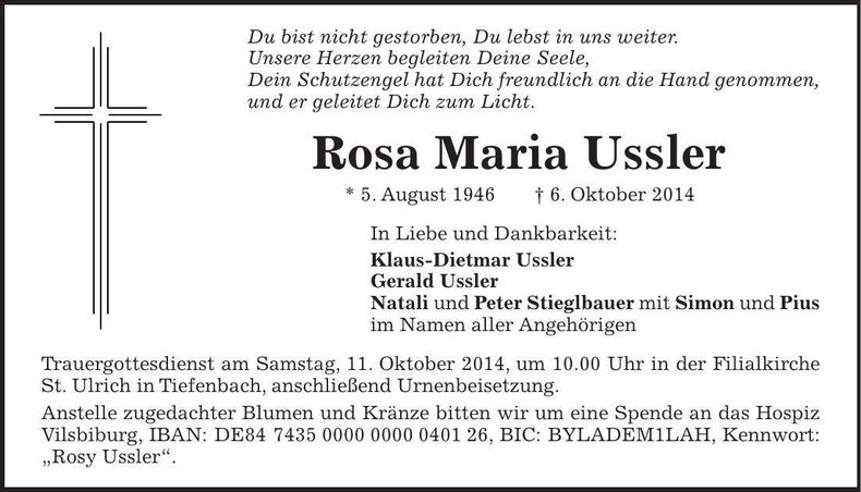 Traueranzeige Maria Ussler