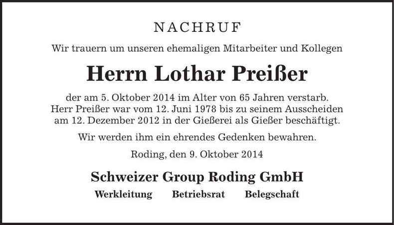 Traueranzeige Lothar Preißer