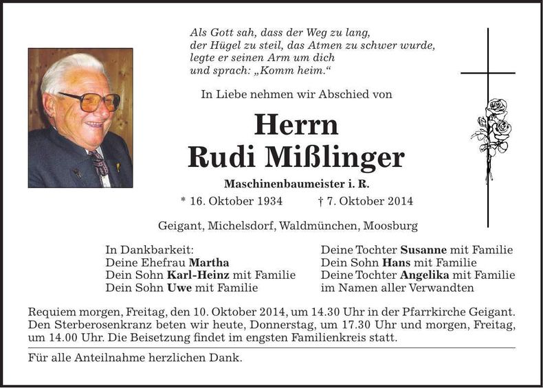 Traueranzeige Rudi Mißlinger