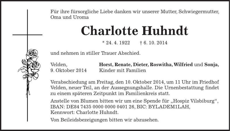 Traueranzeige Charlotte Huhndt