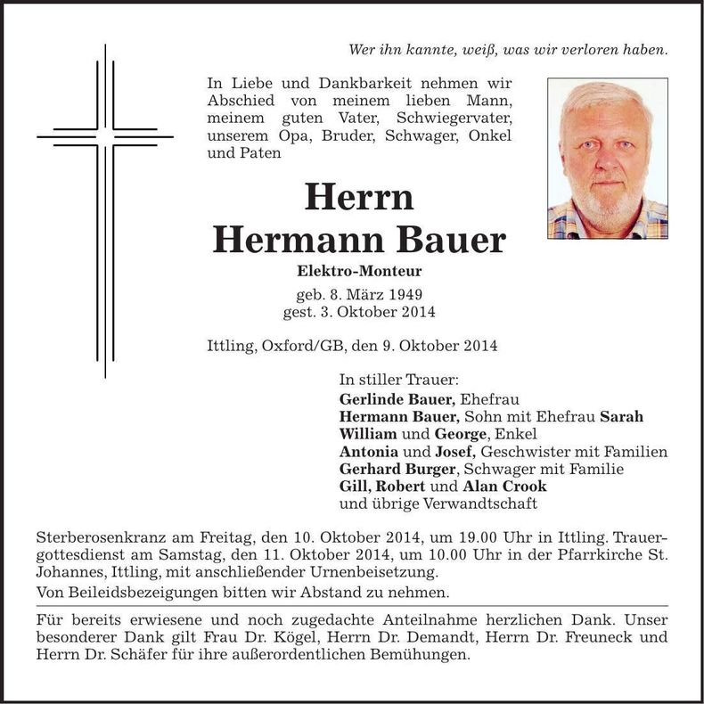 Traueranzeige Hermann Bauer