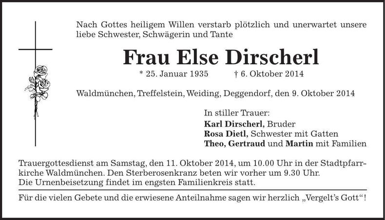 Traueranzeige Else Dirscherl