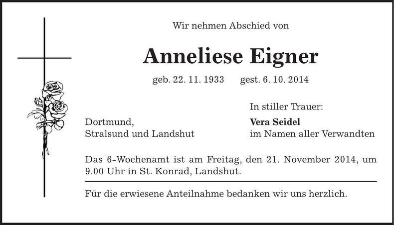 Traueranzeige Anneliese Eigner