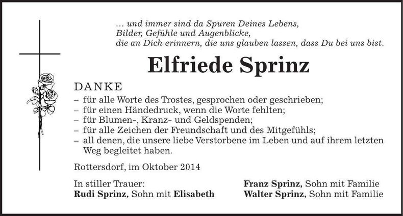 Traueranzeige Elfriede Sprinz