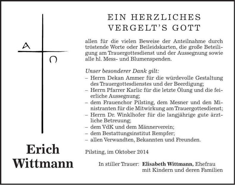 Traueranzeige Erich Wittmann