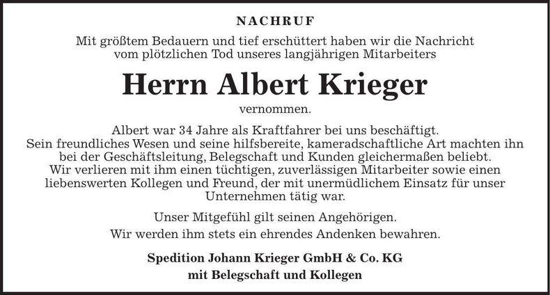 Traueranzeige Albert Krieger