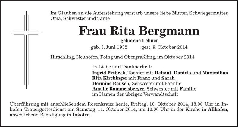 Traueranzeige Rita Bergmann
