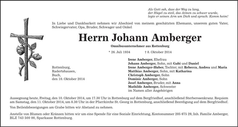 Traueranzeige Johann Amberger