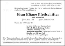 Traueranzeige Eliane Pfeilschifter