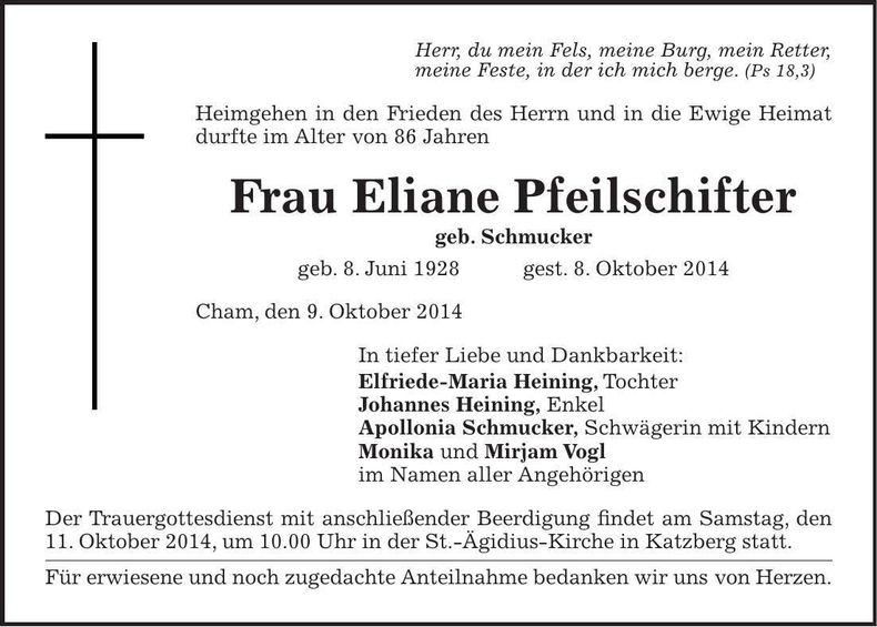 Traueranzeige Eliane Pfeilschifter
