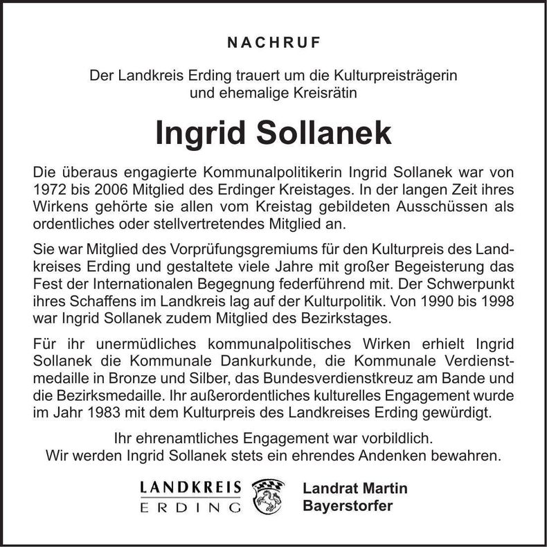 Traueranzeige Ingrid Sollanek