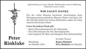 Traueranzeige Peter Rinklake