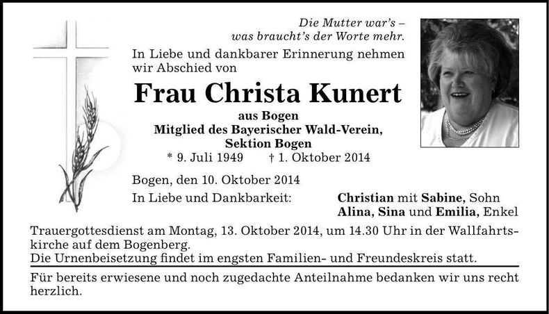 Traueranzeige Christa Kunert