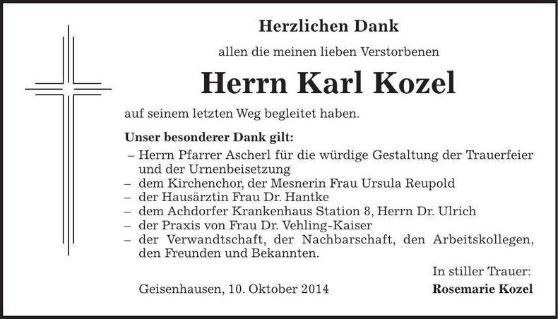 Traueranzeige Karl Kozel