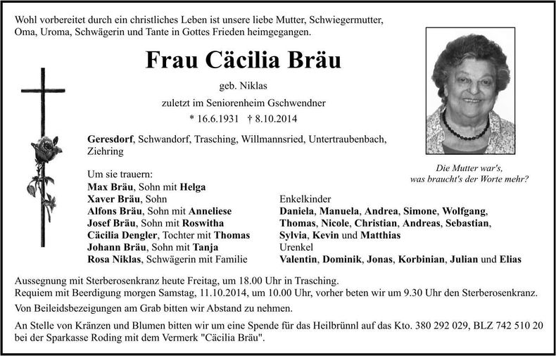 Traueranzeige Cäcilia Bräu