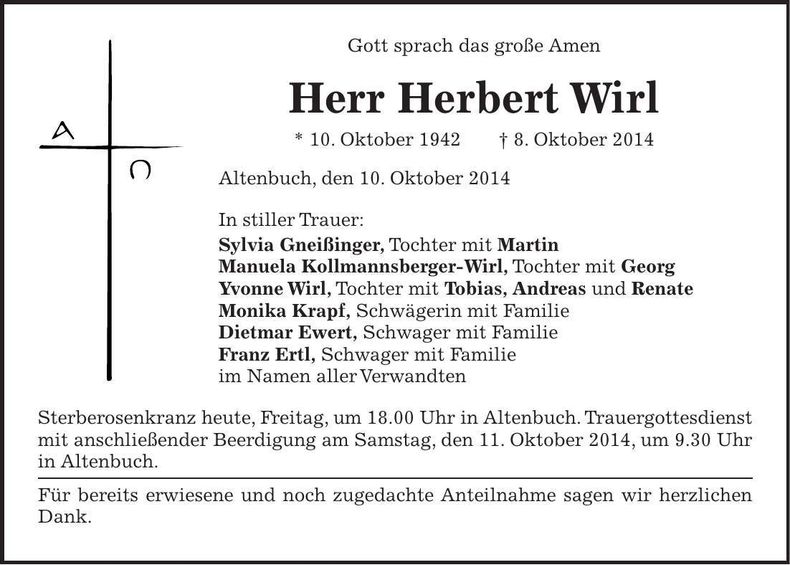 Traueranzeige Herbert Wirl