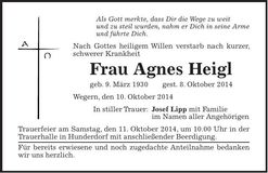 Traueranzeige Agnes Heigl