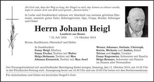 Traueranzeige Johann Heigl