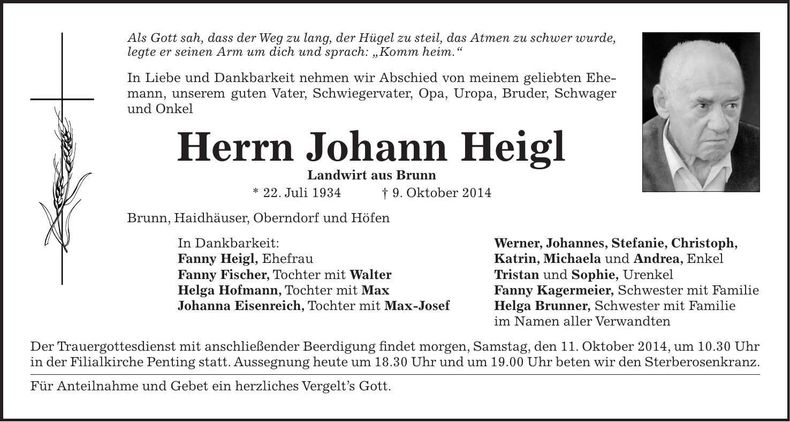 Traueranzeige Johann Heigl