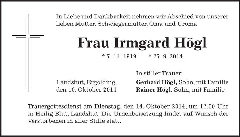 Traueranzeige Irmgard Högl