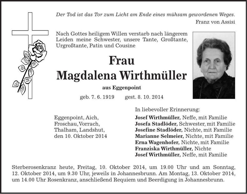 Traueranzeige Magdalena Wirthmüller