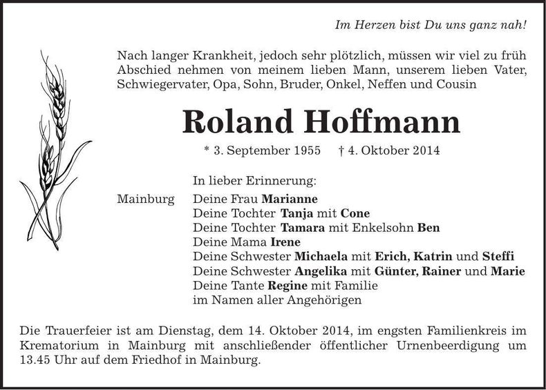 Traueranzeige Roland Hoffmann